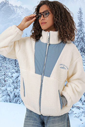 hazelin Ecru Plush Jacket - Indigo Print, Zip-Up, Faux Wool Lining Hzl25W-Bd 151941