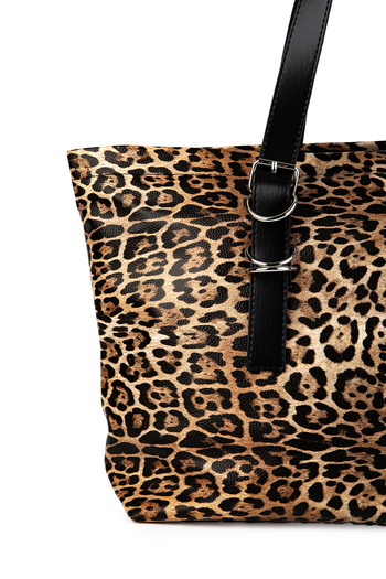 minebag Barbara Leopard Print Black Faux Leather Women's Shoulder Bag