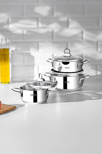 Nehir Silver 6 Piece Stainless Steel Mini Pots Set (12-14-16 cm)