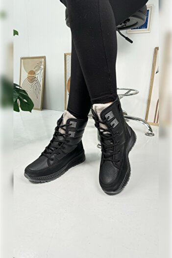 Nstil Daily Black Smoked Women&#39;s Furry Snow Boots Lace Up Zipper Comfortable Thick Serrated Sole Bootie 815