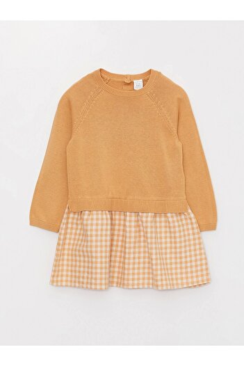 LC Waikiki Βρεφικό φόρεμα Lcw Baby Beige με λαιμόκοψη και καρό σχέδιο