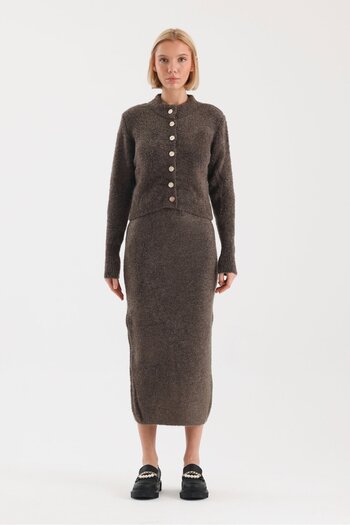 soBasic Crew Neck Knitwear Set - Boucle, Skirt and Cardigan - Std - Coffee