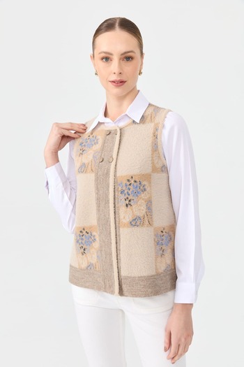 Desen Triko Women's Beige Wool Vest - Null Neck, Patchwork Felt Back Short