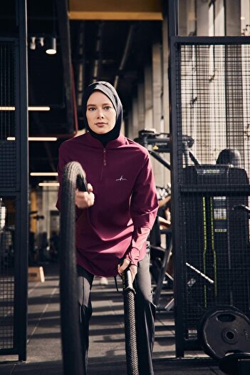 Haşema Active Long Sleeve Collar Zip Purple Hijab Training T-Shirt Act-9