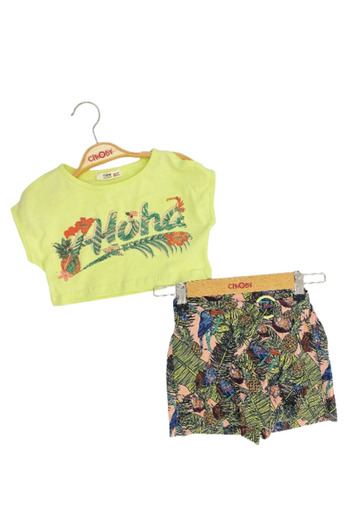 Çikoby Girl's Double Set Printed T-Shirt Printed Skirt-Shorts