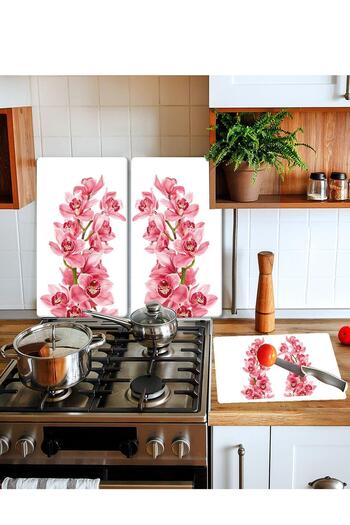 Saban Pink Orchid Set - 20X30 cm Cutting Plate and 4 Pieces 30X52 cm Glass Stove Protector