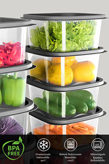 Meleni Home 4 Pieces Anthracite 1800ml Square Food Storage Container - Microwave Deep Freezer