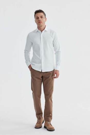 Jakamen White Slim Fit Patterned Classic Tie Cotton Shirt