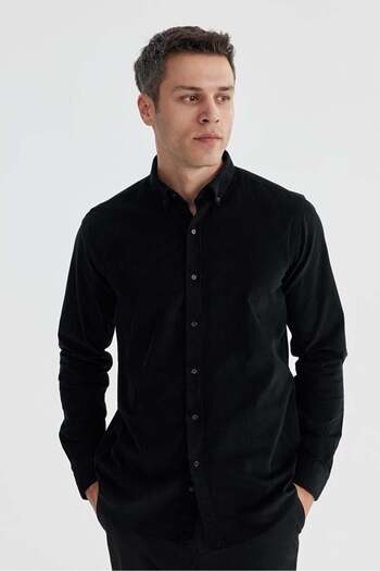 Jakamen Black Comfort Fit Buttoned Collar 100% Cotton Velvet Shirt