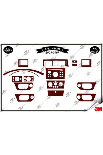 FD Damla Etiket Opel Meriva 2003-2007 Garnitură Consolă Torpedo - Set 16 bucăți din furnir de mahon