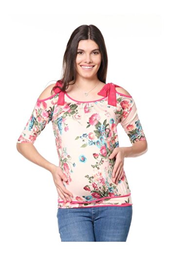 BUSA Pink Maternity Blouse - Floral Print, Tie Off the Shoulder, Short Sleeve