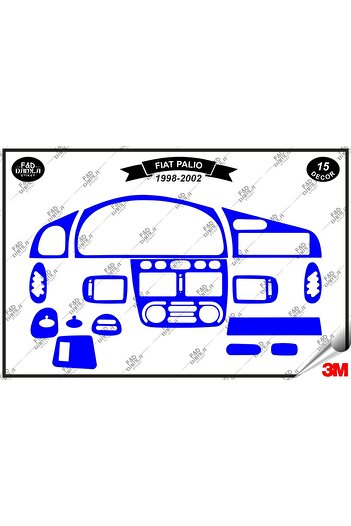 FD Damla Etiket Fiat Palio 1998-2002 Decorație albastră pentru consola torpedo - Set de 15 bucăți din furnir de mahon