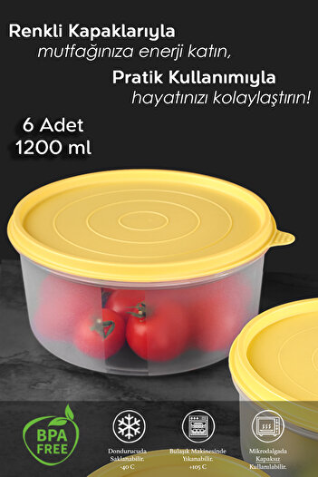 Meleni Home Set of 6 Yellow Round Food Storage - Food Container, 1200ml Capacity
