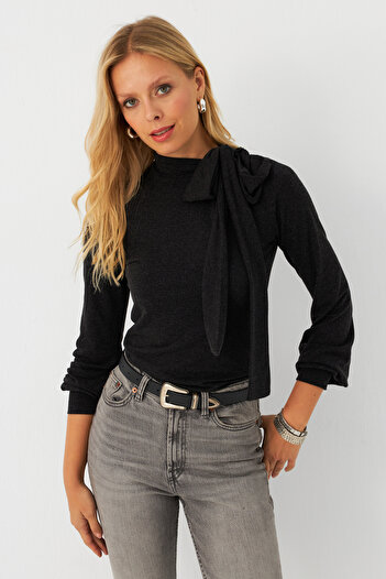 Cool & Sexy Women's Anthracite Neck Tie Blouse Ey2993