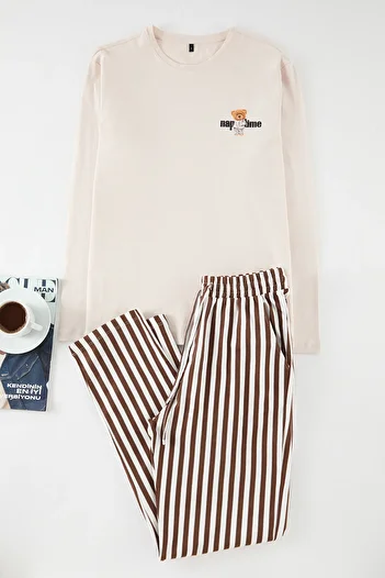 Trendyol Collection Bej - Maro Set de pijamale pentru bărbați, cu dungi, cu dungi, pentru cuplu/cuplu TMNAW25PT00049