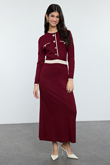 Trendyol Modest Πλεκτό φόρεμα μπορντό με κουμπιά TCTAW25EB00042
