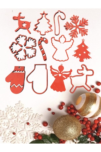 Yalıgraf Reklam Tabela Red Set of 12 - Christmas Tree Ornament Wooden