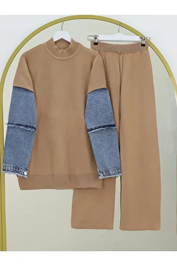 Modamorfo Mink Colored Knitwear Set - Denim Tassel Detailed Sleeves