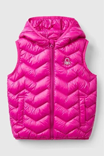 United Colors of Benetton Fuchsia Girl's Vest - Left Chest Logo Embroidered, Zippered and Pocketed Hood