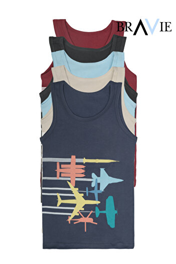Bravie Boy's Tank Top with Colorful Airplane Pictures, Pack of 5