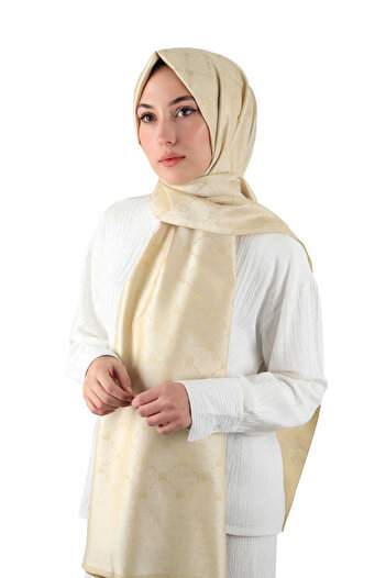 Bursa İpek Cream Monogram Pattern Jacquard Silk Shawl