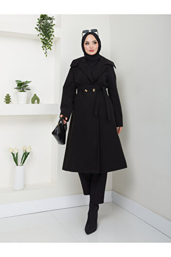 VOLT CLOTHİNG Women's Shawl Collar Buttoned Belted Cashmere Coat