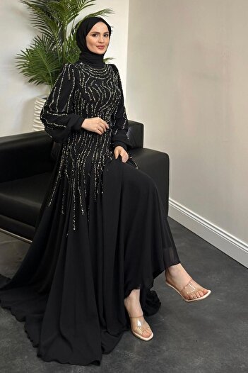 MERVEN AKYÜZ Black Chiffon Balbina Stones Mevlana Evening Dress