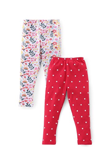 Babyhug Babyhug Cotton Lycra Full Length Legging With Floral Print Pack Of 2 - Red & White