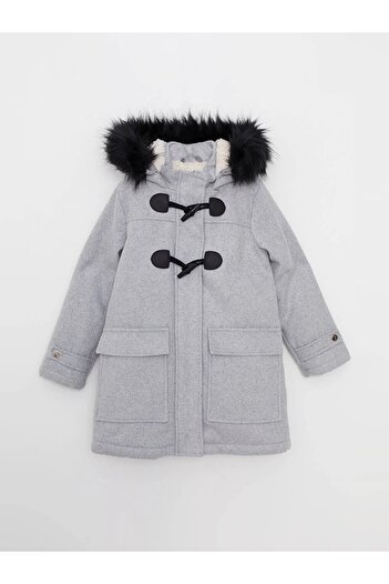 LC Waikiki Lcw Kids Gray Hooded Girl's Stamp Coat