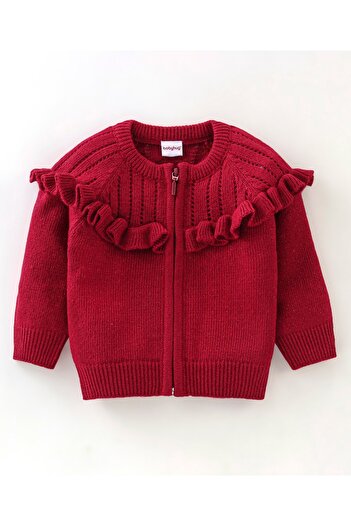 Babyhug Babyhug 100% Acrylic Knit Full Sleeves Front Open Sweater with Frill Details - Maroon