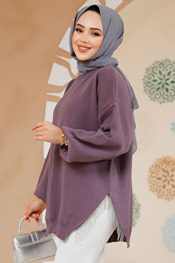 Neva Style Dark Lilac Hijab Sweater Tunic - Chain Detail, Model 17202Klila