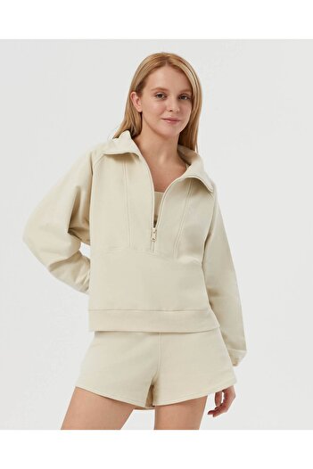Ayma Active Cream Stand Collar Half Zipper Oversize Sweatshirt