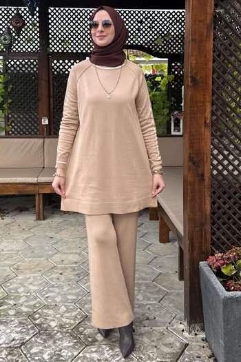 Rabia Şamlı Beige Colored Star Knitwear Set - Pants