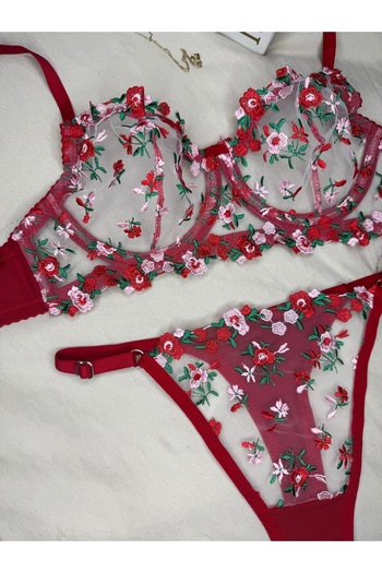 ROZENİN LINGERIE New Year's Gift Red Tiny Floral Underwire Cupless Tulle Bra Set
