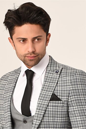 AGUSTİNİ Gri Ekose Yelekli Sivri Yaka Kombin Takım Elbise Slim Fit | Agustini