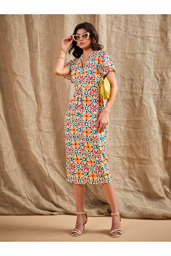 Sassafras By Styli All Over Print V Neck Sheath Midi Dress