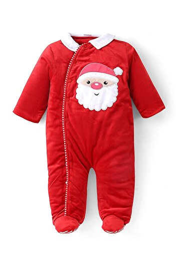 Babyhug Babyhug Knitted Full Sleeves Winter Wear Romper with Santa Applique - Red