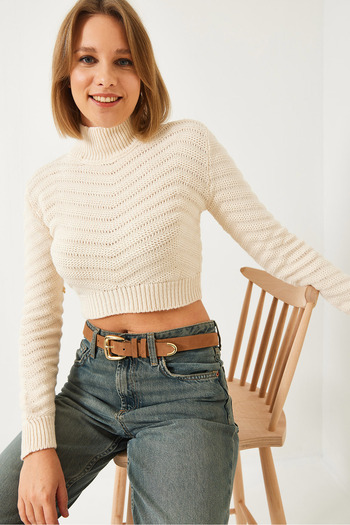 Bianco Lucci Women's Zigzag Braided Turtleneck Crop Knitwear Sweater 60261185