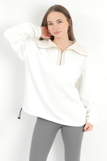 GİYSA Women's Ecru 3-Thread Raised Stopper Detailed Stand Collar Sweatshirt - 5071
