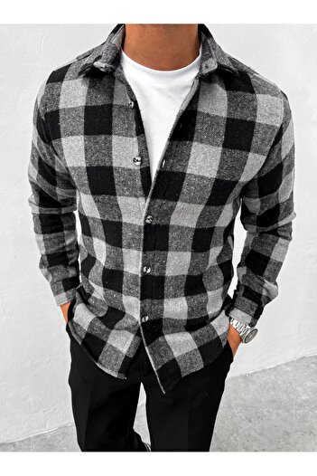 King Brothers Ανδρικό πουκάμισο ξυλοκόπο Slim Fit Slim Fit Μαύρο και άσπρο καρό μακρυμάνικο