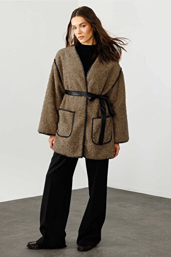 Hooopstore Leather Piping Mink Tedy Coat