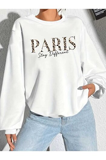 New Shine Парижська футболка з принтом леопардового візерунка та великим коміром Oversize Sweatshirt для жінок