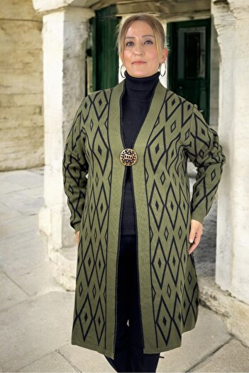 yagmurberen Baklava Patterned Broch Detailed Long Sleeve Shal Collar Large Size Knitting Cardigan