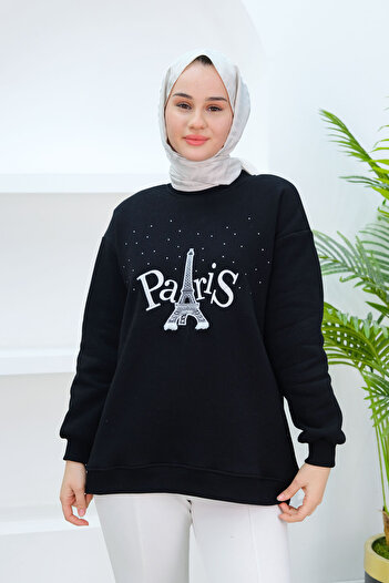 LOCCO Women's Oversize Sweat with Black Embroidery and Stones
