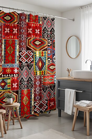 EVPANYA Bathroom Curtain, Ethnic Digital Woven Patterned Shower Curtain, Bathtub Curtain 175X200Cm