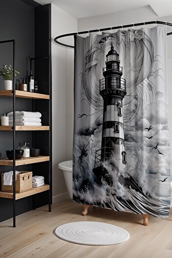 EVPANYA Bathroom Curtain, Black and White Lighthouse Pattern Shower Curtain, Bathtub Curtain 175X200Cm