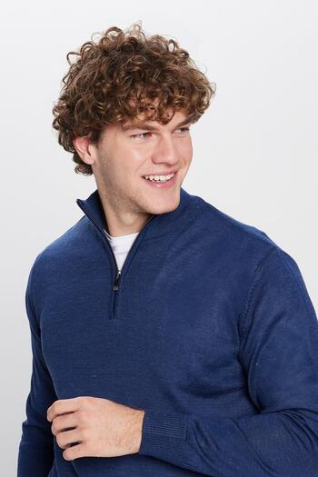 Tudors Men's Classic Fit Regular Cut Wool Zippered Saks Blue Stand Collar Knitwear Sweater