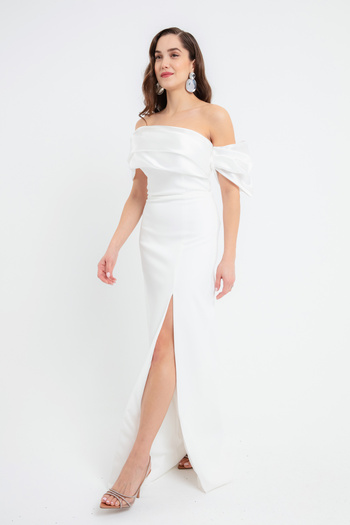 Lafaba Women's White Neckline Detailed Slit Long Evening Dress