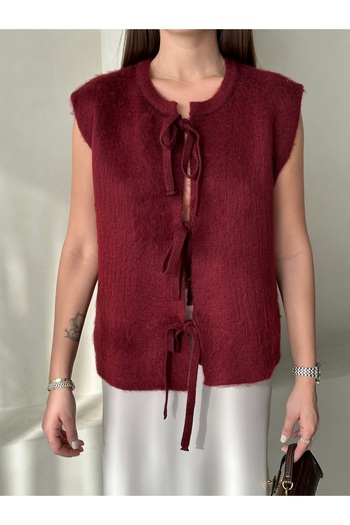 Laluvia Burgundy Front Tie Wool Vest - 4629