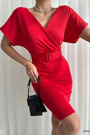 Deafox Rotes, zweireihiges Scuba-Kleid mit Kragen und Gürtel